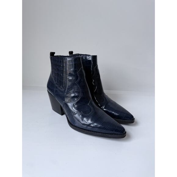 Sam Edelman Winona Boots Size 8 ankle western boots Navy Blue Snake Gloss - Picture 1 of 9